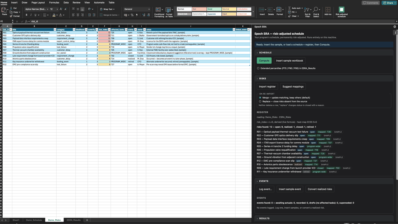 The Epoch SRA risk register in Excel: the ESRA_Risks table with a 5×5 heat-map on risk_index, beside the task pane